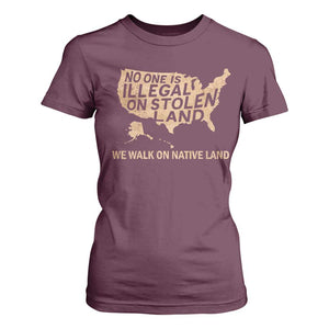 No One Is Illegal On Stolen Land T Shirt For Women We Walk On Native Land Vintage American Map TS11 Maroon Print Your Wear