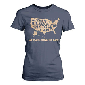 No One Is Illegal On Stolen Land T Shirt For Women We Walk On Native Land Vintage American Map TS11 Navy Print Your Wear