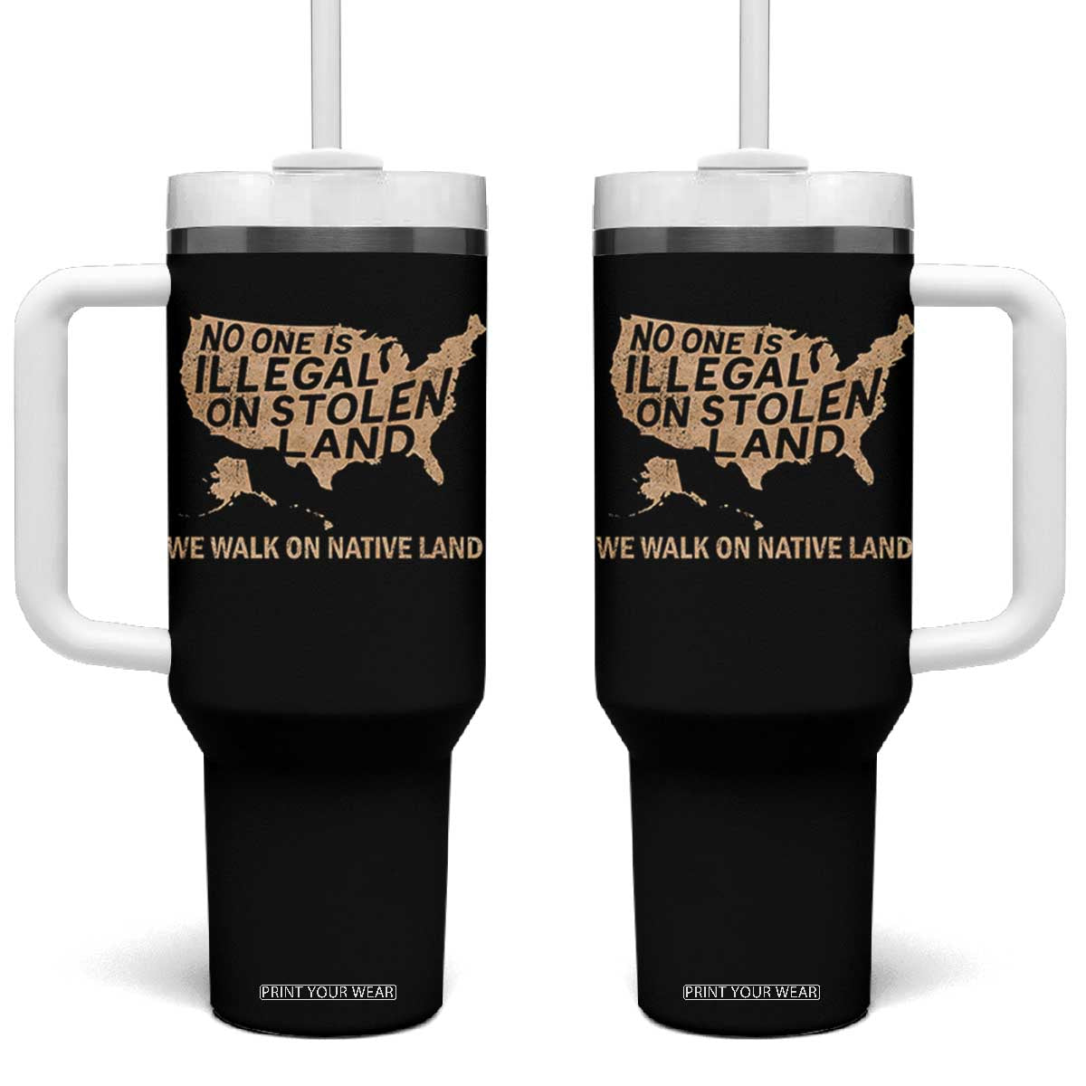 No One Is Illegal On Stolen Land Tumbler With Handle We Walk On Native Land Vintage American Map TS11 One Size: 40 oz Black Print Your Wear