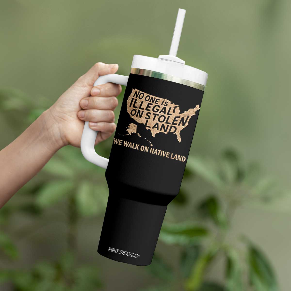 No One Is Illegal On Stolen Land Tumbler With Handle We Walk On Native Land Vintage American Map TS11 Print Your Wear