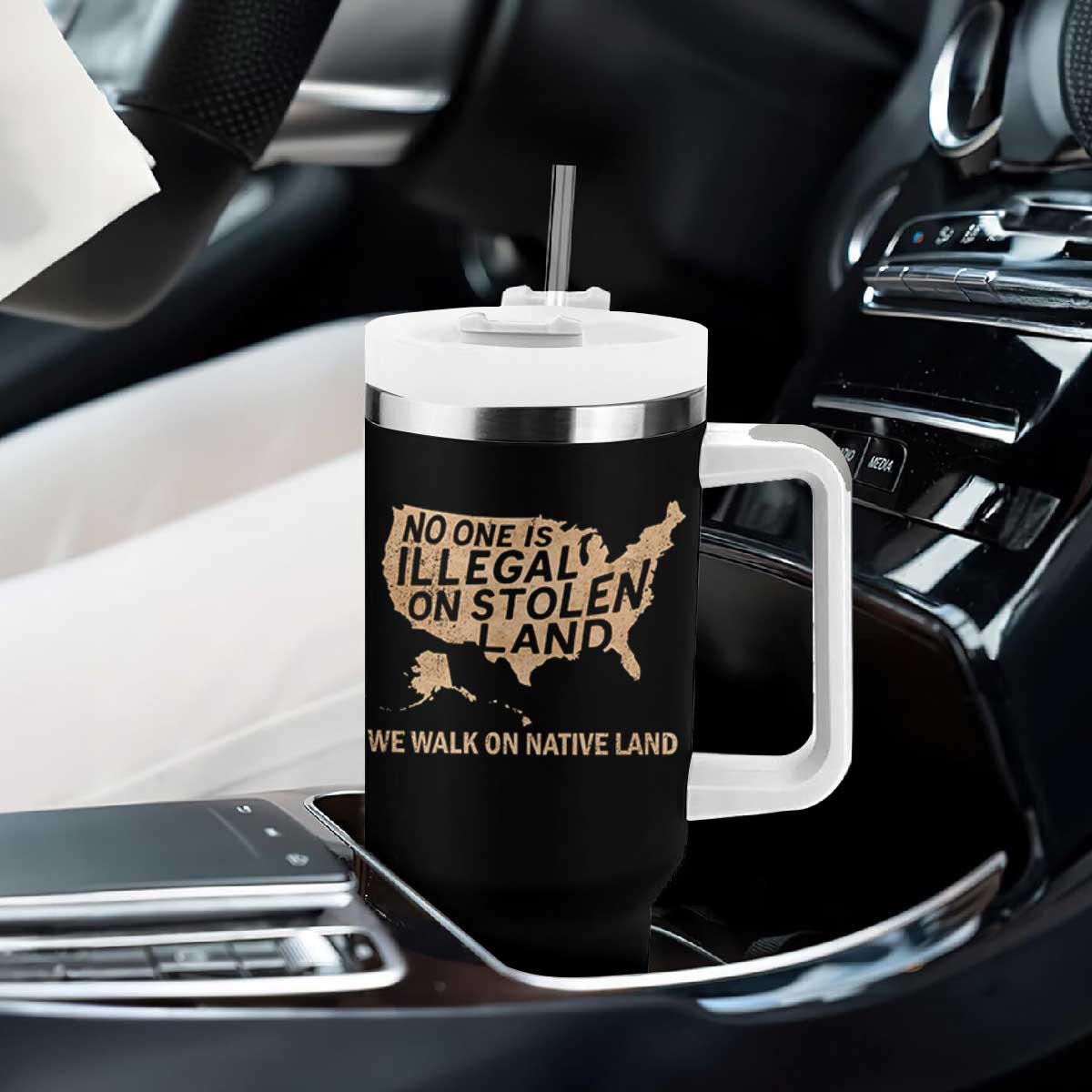 No One Is Illegal On Stolen Land Tumbler With Handle We Walk On Native Land Vintage American Map TS11 Print Your Wear