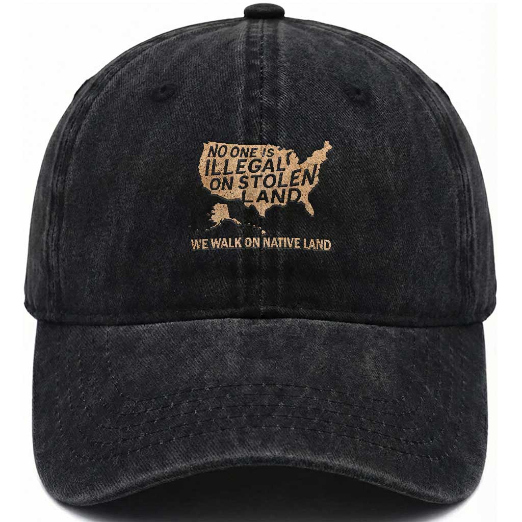 No One Is Illegal On Stolen Land Washed Cotton Baseball Cap We Walk On Native Land Vintage American Map TS11 Print Your Wear