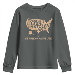 No One Is Illegal On Stolen Land Youth Sweatshirt We Walk On Native Land Vintage American Map TS11 Dark Heather Print Your Wear