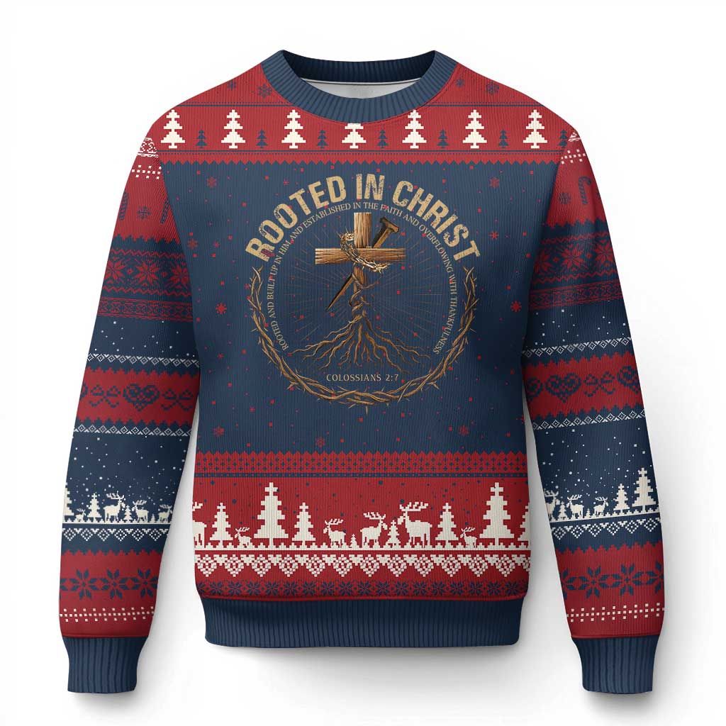 Rooted In Christ Ugly Christmas Sweater Jesus Christian Cross Bible Verse TS11 Navy Red Print Your Wear
