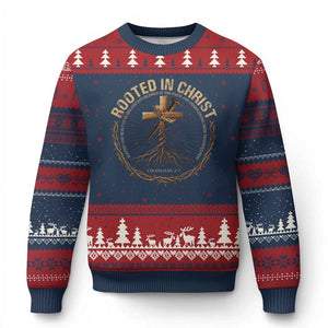 Rooted In Christ Ugly Christmas Sweater Jesus Christian Cross Bible Verse TS11 Navy Red Print Your Wear