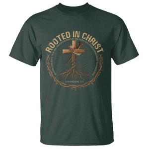 Rooted In Christ T Shirt Jesus Christian Cross Bible Verse TS11 Dark Forest Green Print Your Wear