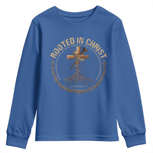 Rooted In Christ Youth Sweatshirt Jesus Christian Cross Bible Verse TS11 Royal Blue Print Your Wear