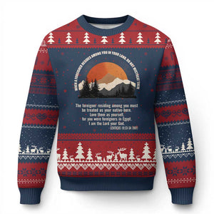 When A Foreigner Resides Among You In Your Land Do Not Mistreat Them Ugly Christmas Sweater Leviticus Bible Verse TS11 Navy Red Print Your Wear