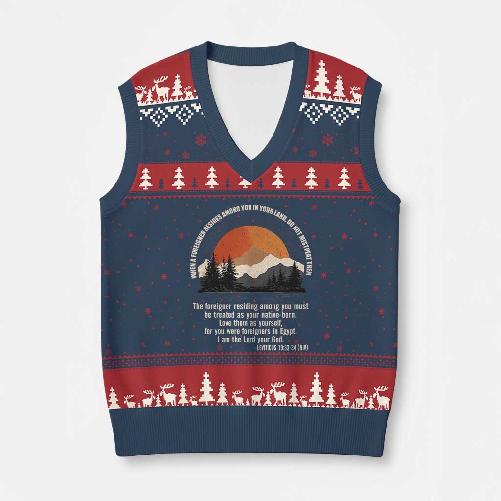 When A Foreigner Resides Among You In Your Land Do Not Mistreat Them V-Neck Knit Sweater Vest Leviticus Bible Verse TS11 Navy Red Print Your Wear