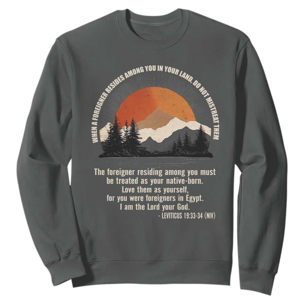 When A Foreigner Resides Among You In Your Land Do Not Mistreat Them Sweatshirt Leviticus Bible Verse TS11 Dark Heather Print Your Wear
