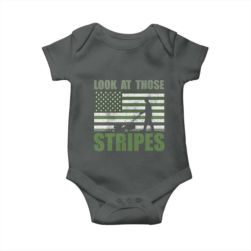 Funny Gardening Lawn Mower Baby Onesie Look At Those Stripes American Flag TS11 Dark Heather Print Your Wear