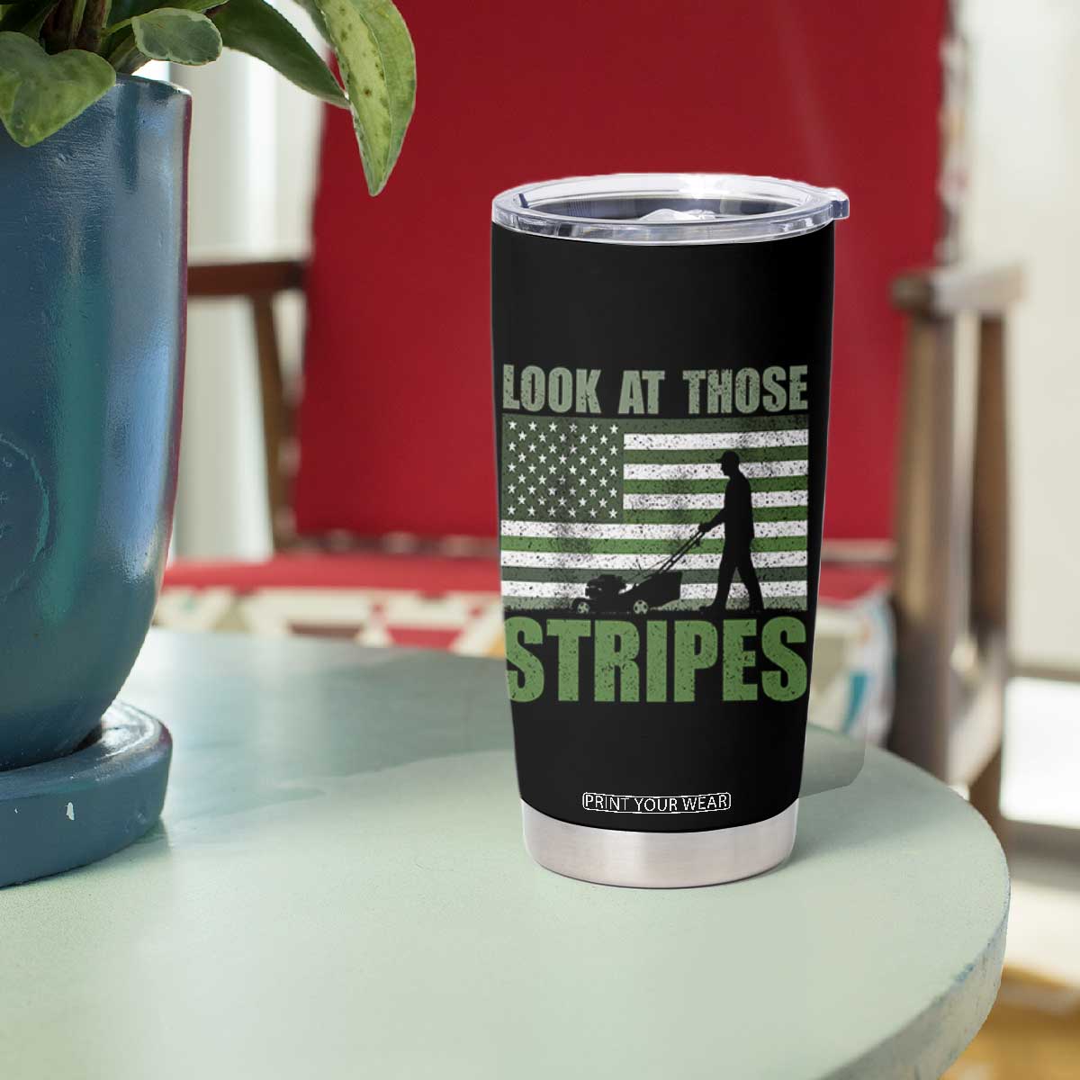 Funny Gardening Lawn Mower Tumbler Cup Look At Those Stripes American Flag TS11 Print Your Wear