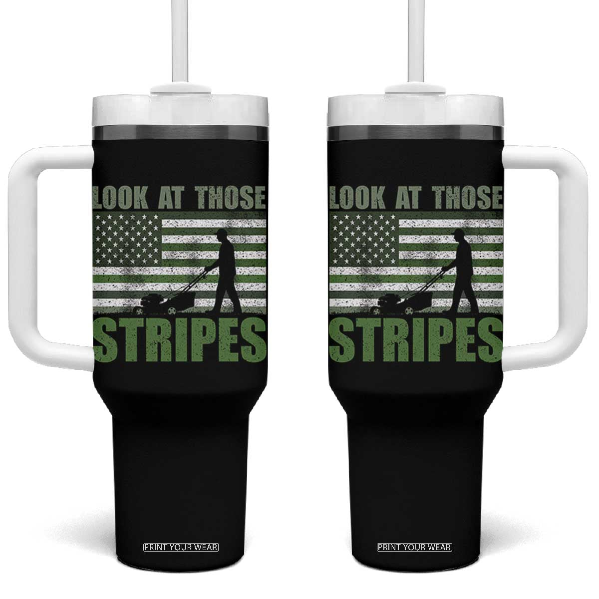 Funny Gardening Lawn Mower Tumbler With Handle Look At Those Stripes American Flag TS11 One Size: 40 oz Black Print Your Wear