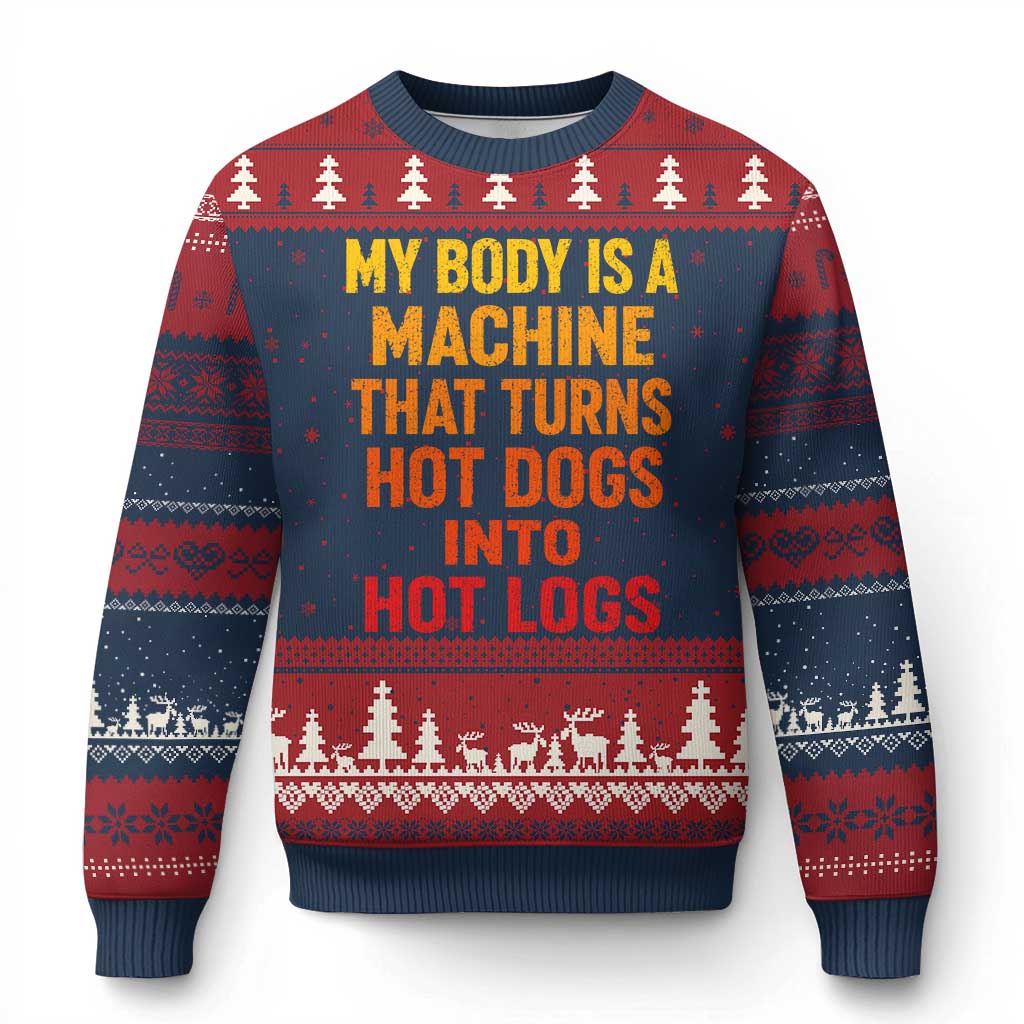 Funny My Body Is A Machine That Turns Hot Dogs Into Hot Logs Ugly Christmas Sweater TS11 Navy Red Print Your Wear