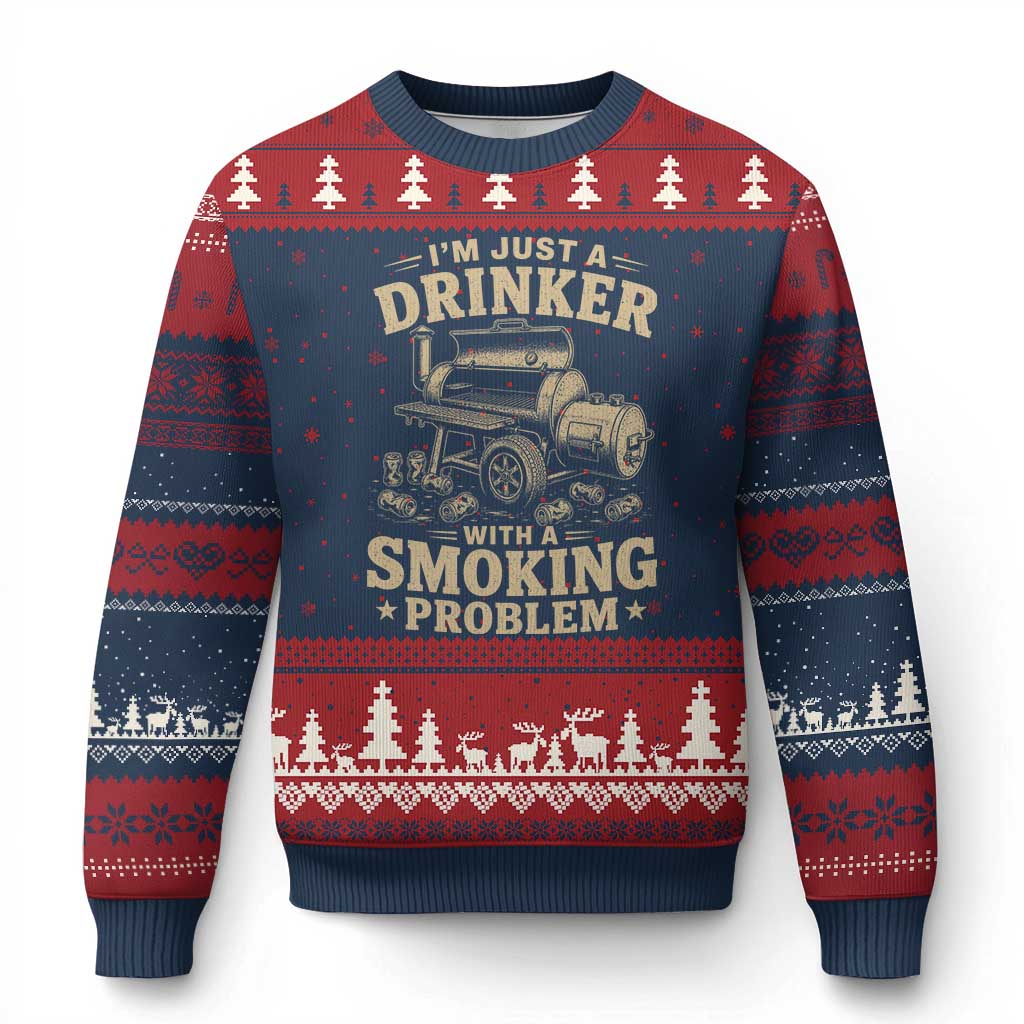 Funny BBQ Grilling Beer Lover Ugly Christmas Sweater I'm Just A Drinker With A Smoking Problem