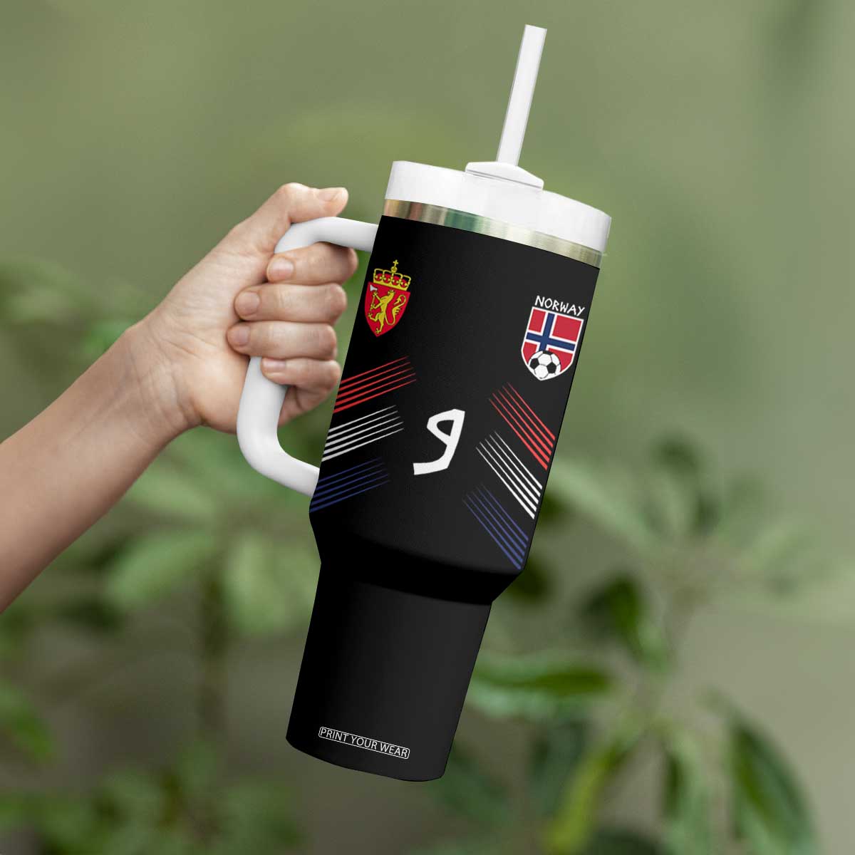 Norway Football Crest Jersey Style Tumbler With Handle Number 9 Viking Athletic for Soccer Fan