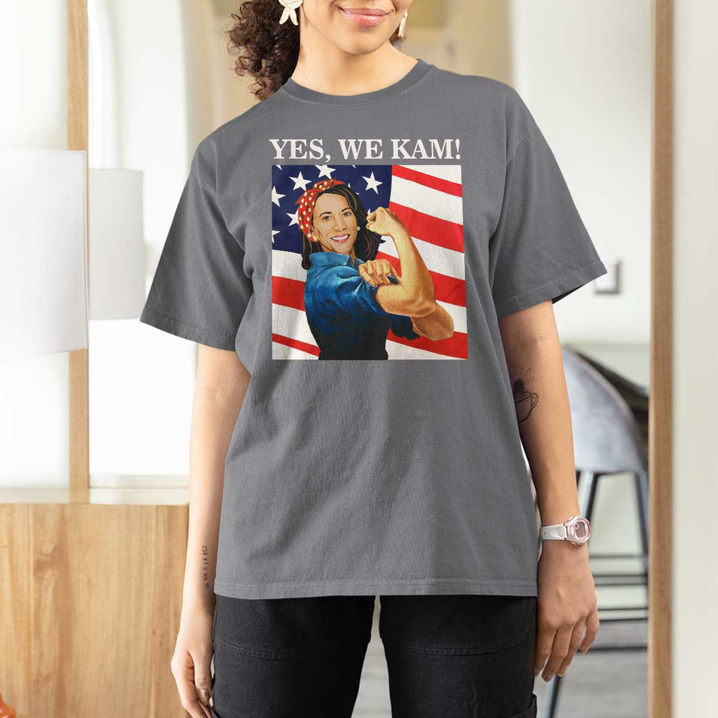 Harris 2024 T Shirt For Women Yes We Kam Strong Woman American Flag TS11 Charcoal Print Your Wear