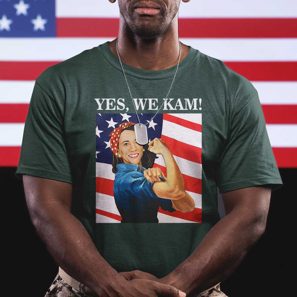 Harris 2024 T Shirt Yes We Kam Strong Woman American Flag TS11 Dark Forest Green Print Your Wear