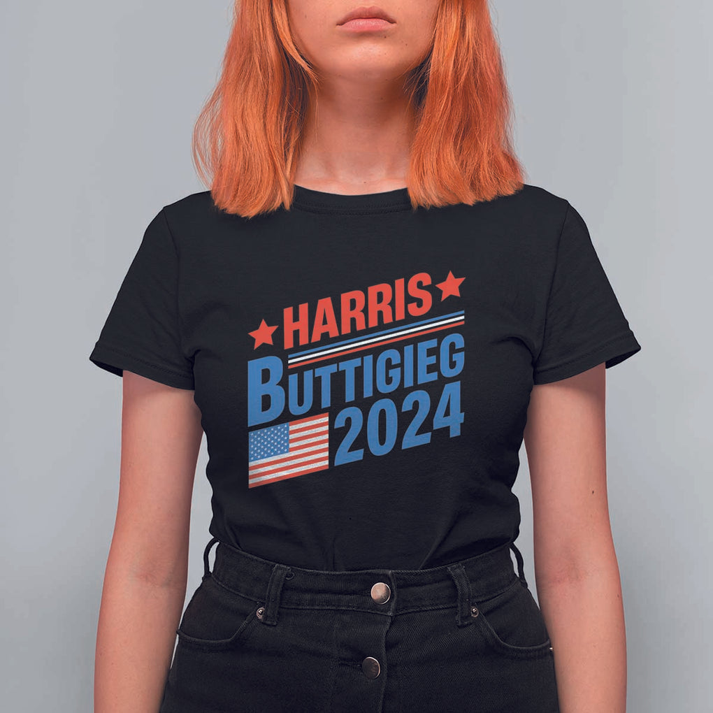 Harris Buttigieg 2024 T Shirt For Women Presidential Election American Flag TS11 Black Print Your Wear