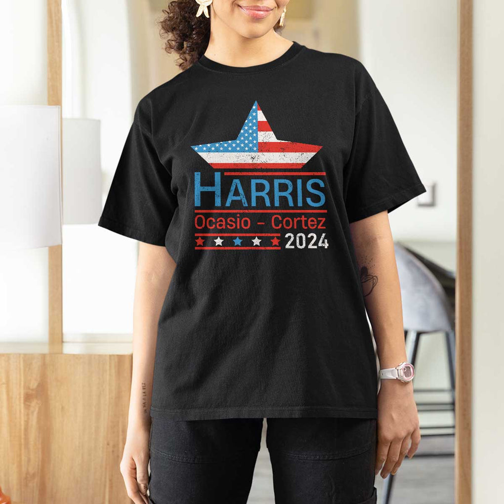 Harris Ocasio Cortez 2024 T Shirt For Women American Flag Election Star TS11 Black Print Your Wear