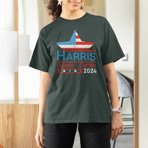 Harris Ocasio Cortez 2024 T Shirt For Women American Flag Election Star TS11 Dark Forest Green Print Your Wear