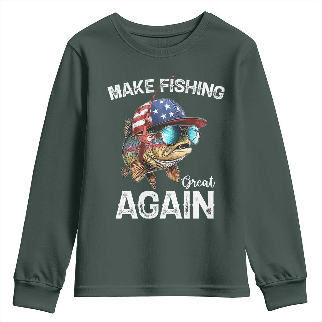 Funny Make Fishing Great Again Youth Sweatshirt Bass Fishing TS11 Dark Forest Green Print Your Wear