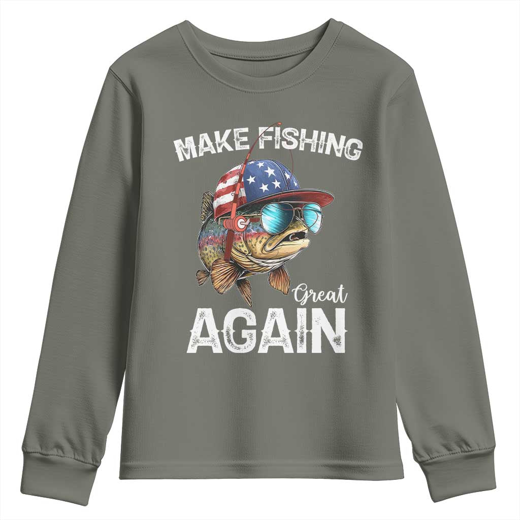 Funny Make Fishing Great Again Youth Sweatshirt Bass Fishing TS11 Military Green Print Your Wear