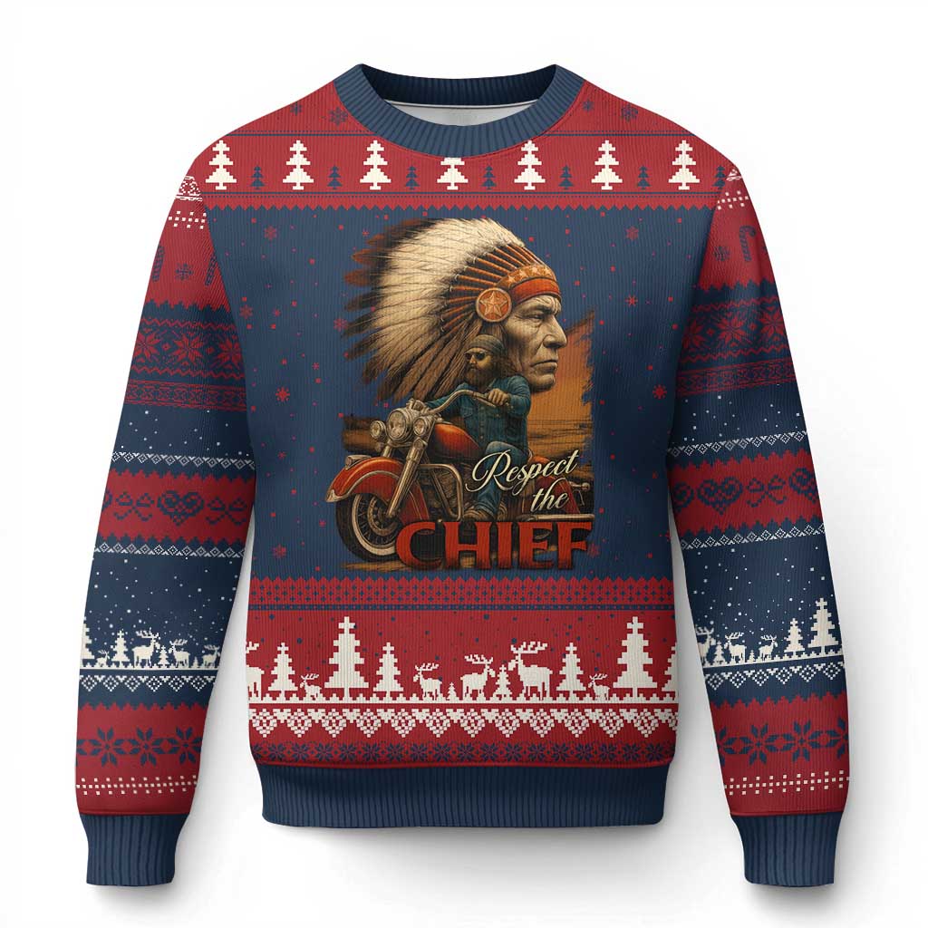 Indian American Rider Ugly Christmas Sweater Respect The Native Chief Native American Motorcycle TS11 Navy Red Print Your Wear