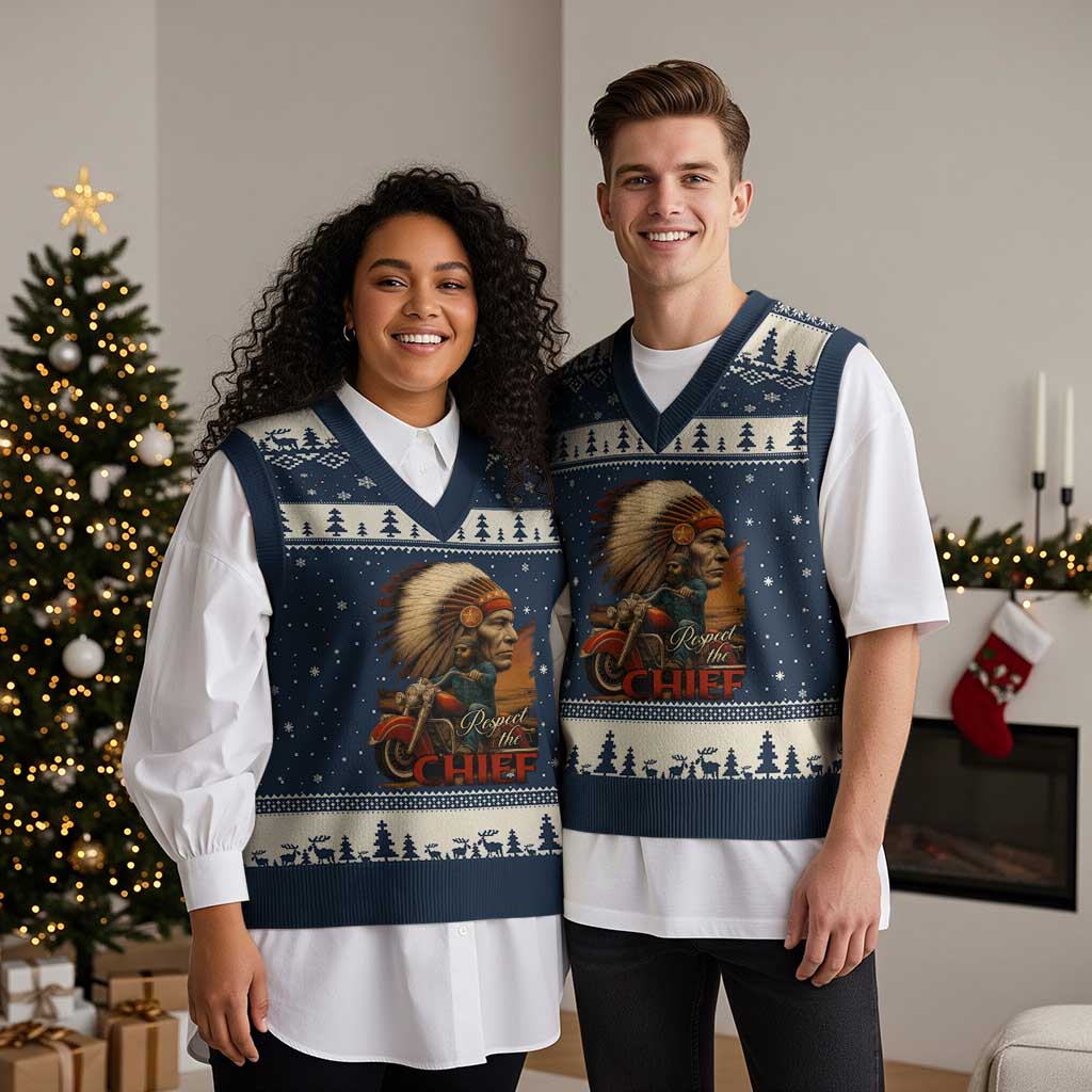 Indian American Rider V-Neck Knit Sweater Vest Respect The Native Chief Native American Motorcycle TS11 Navy Beige Print Your Wear