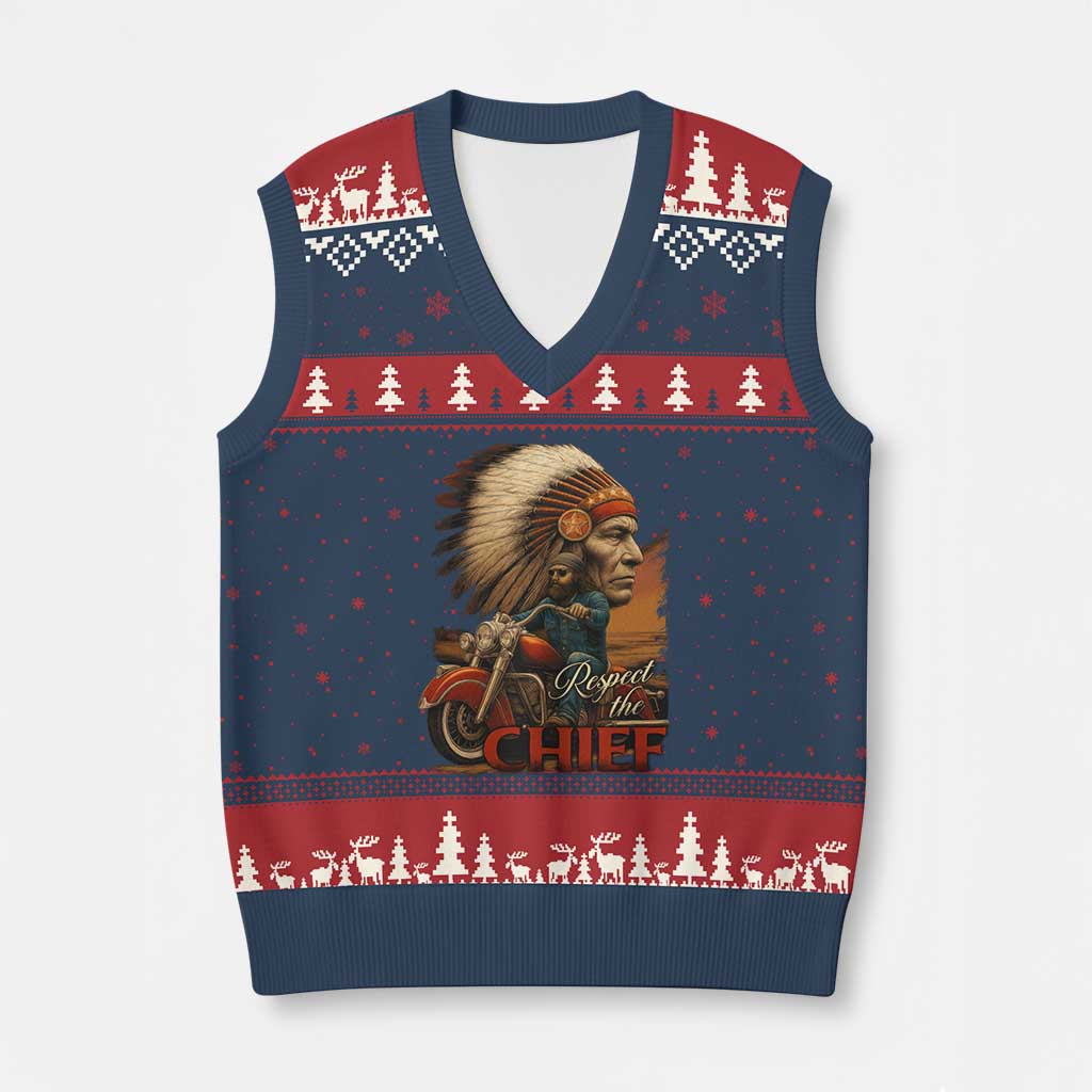 Indian American Rider V-Neck Knit Sweater Vest Respect The Native Chief Native American Motorcycle - Print Your Wear