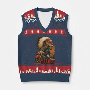 Indian American Rider V-Neck Knit Sweater Vest Respect The Native Chief Native American Motorcycle - Print Your Wear
