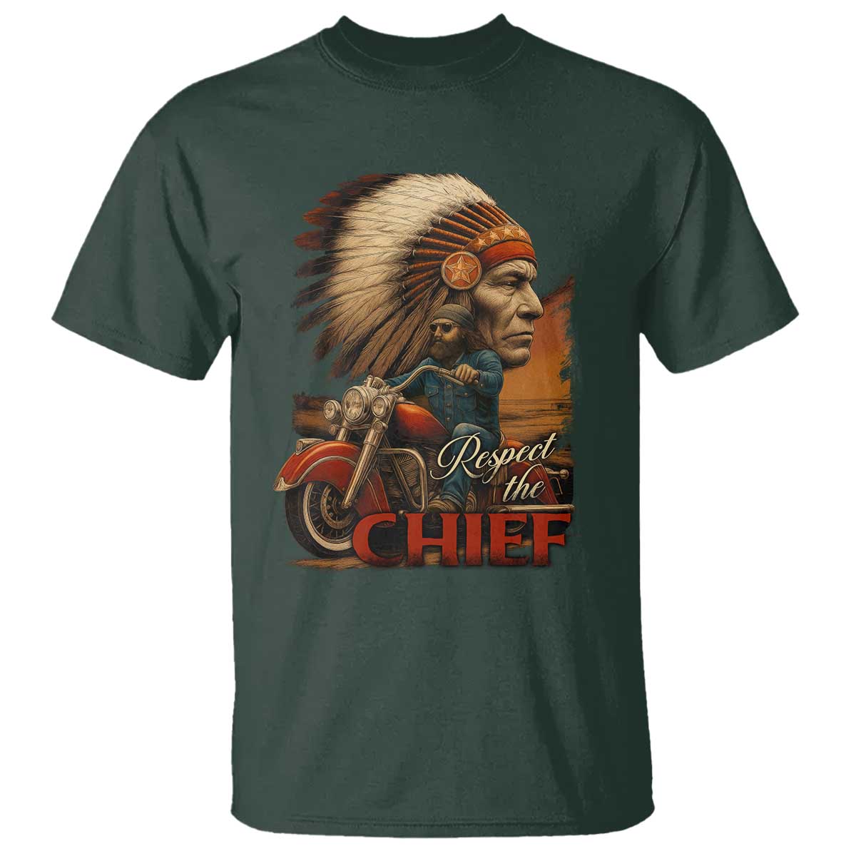 Indian American Rider T Shirt Respect The Native Chief Native American Motorcycle TS11 Dark Forest Green Print Your Wear