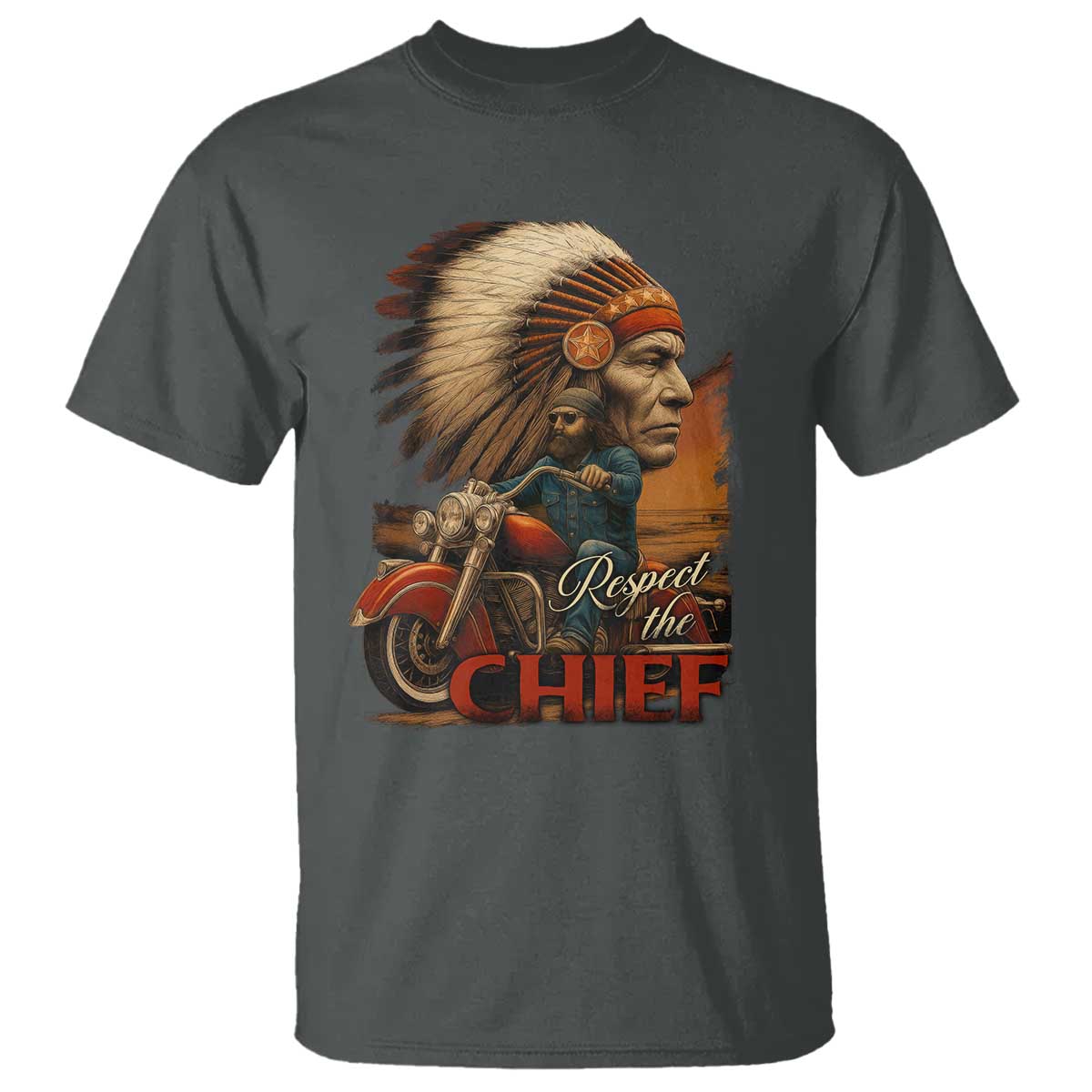 Indian American Rider T Shirt Respect The Native Chief Native American Motorcycle TS11 Dark Heather Print Your Wear