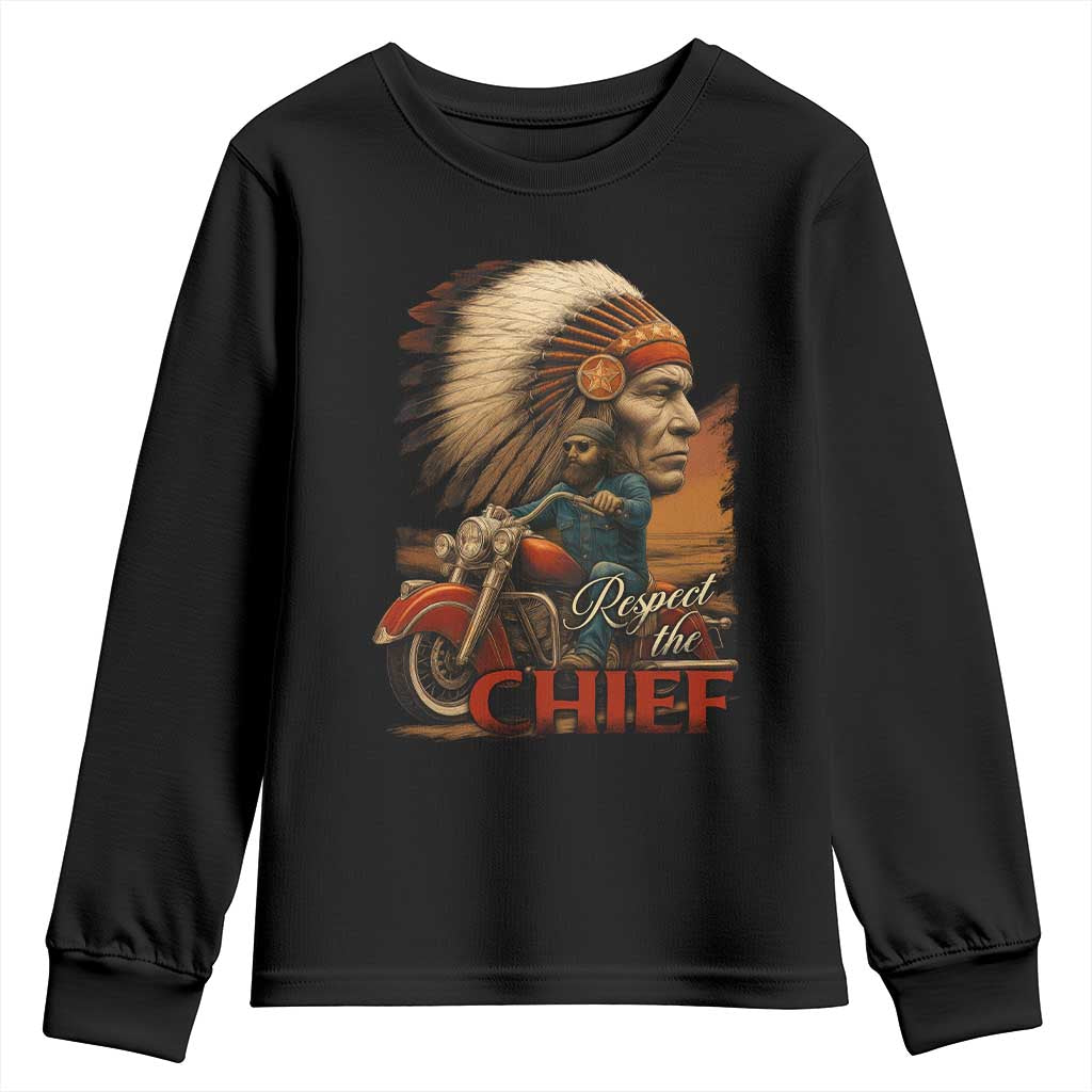Indian American Rider Youth Sweatshirt Respect The Native Chief Native American Motorcycle TS11 Black Print Your Wear