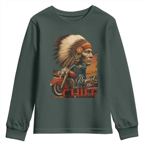 Indian American Rider Youth Sweatshirt Respect The Native Chief Native American Motorcycle TS11 Dark Forest Green Print Your Wear