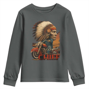 Indian American Rider Youth Sweatshirt Respect The Native Chief Native American Motorcycle TS11 Dark Heather Print Your Wear