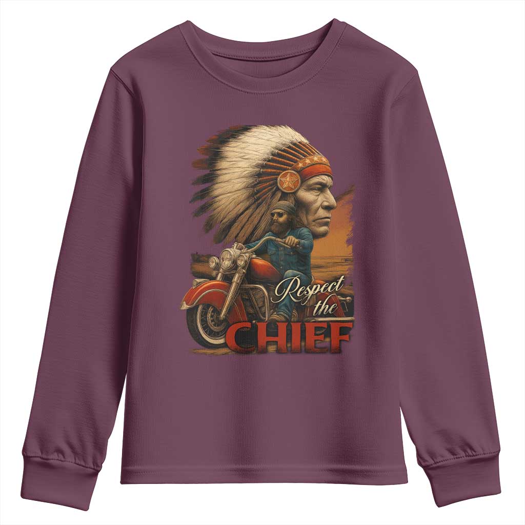Indian American Rider Youth Sweatshirt Respect The Native Chief Native American Motorcycle TS11 Maroon Print Your Wear