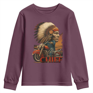 Indian American Rider Youth Sweatshirt Respect The Native Chief Native American Motorcycle TS11 Maroon Print Your Wear