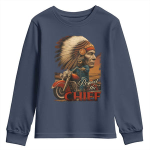 Indian American Rider Youth Sweatshirt Respect The Native Chief Native American Motorcycle TS11 Navy Print Your Wear