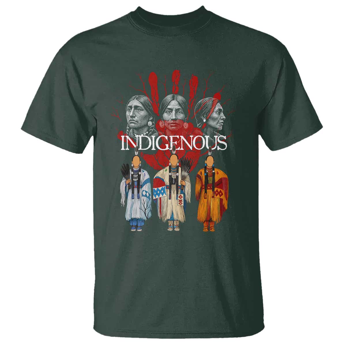Native American Indigenous Women MMIW Red Hand Indian T Shirt TS11 Dark Forest Green Print Your Wear