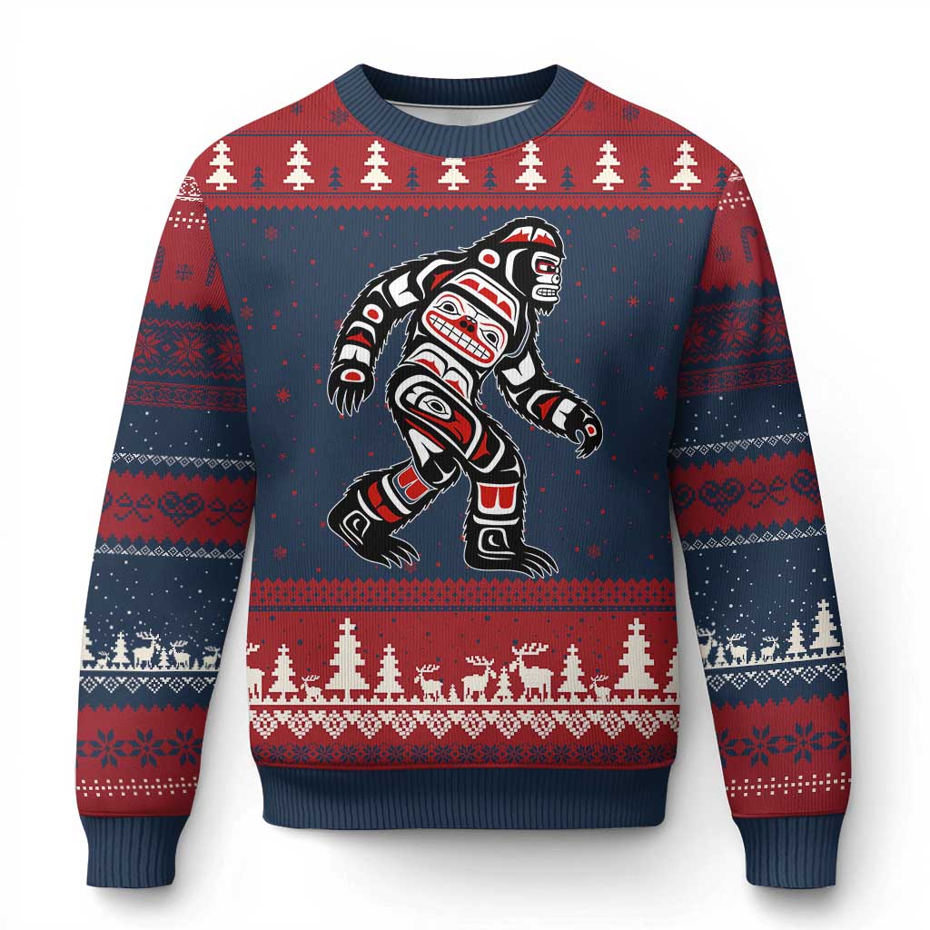Bigfoot Native American Northwest Coast Art Ugly Christmas Sweater TS11 Navy Red Print Your Wear
