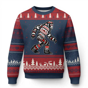 Bigfoot Native American Northwest Coast Art Ugly Christmas Sweater TS11 Navy Red Print Your Wear