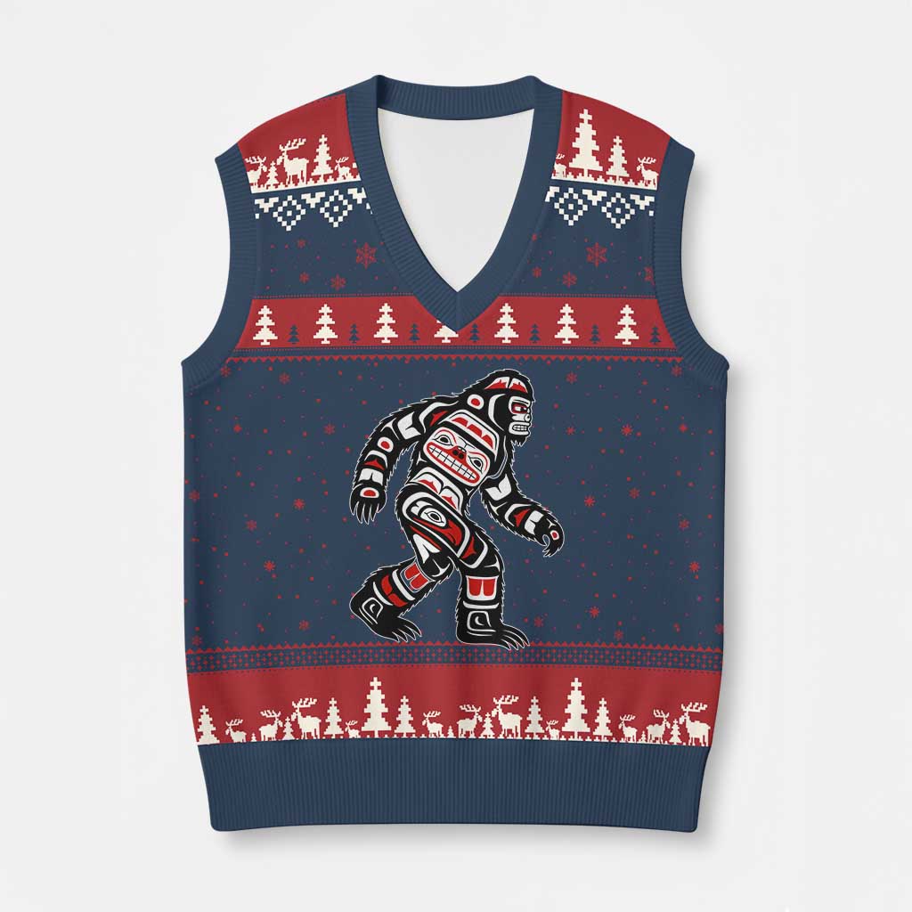 Bigfoot Native American Northwest Coast Art V-Neck Knit Sweater Vest TS11 Navy Red Print Your Wear