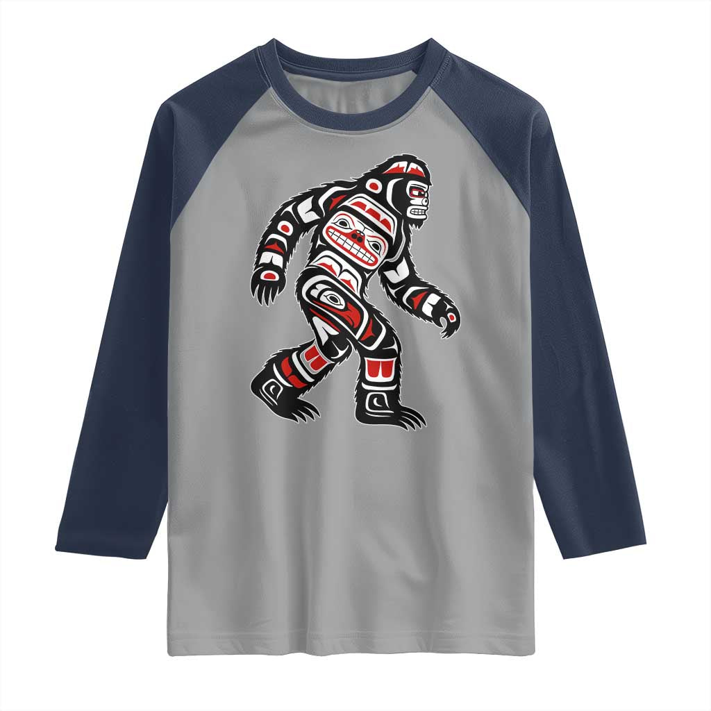 Bigfoot Native American Northwest Coast Art Raglan Shirt TS11 Sport Gray Navy Print Your Wear