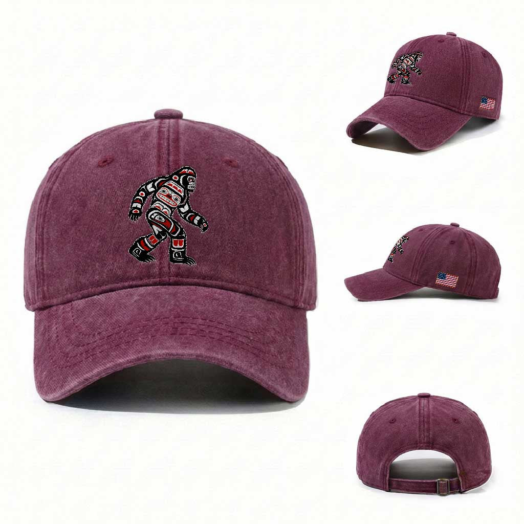 Bigfoot Native American Northwest Coast Art Washed Cotton Baseball Cap