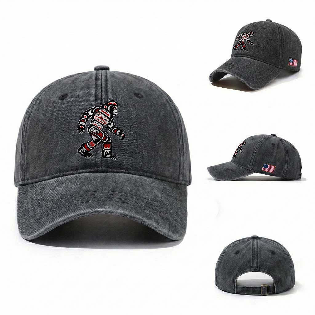 Bigfoot Native American Northwest Coast Art Washed Cotton Baseball Cap