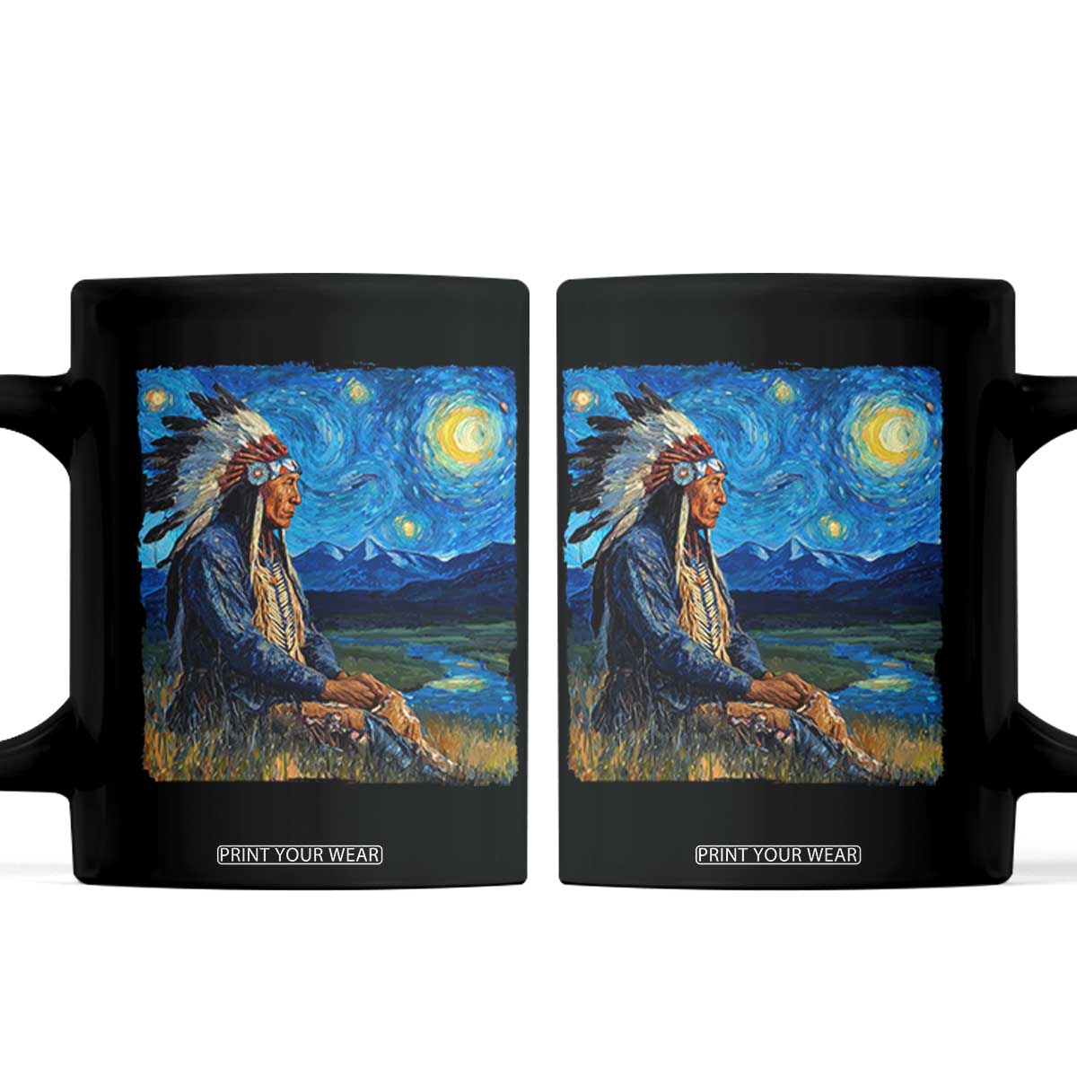 Native American Indian Van Goghs Starry Night Coffee Mug TS11 Black Print Your Wear