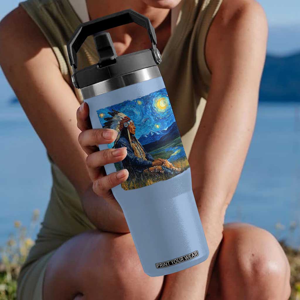 Native American Indian Van Goghs Starry Night Flip Straw Tumbler TS11 One Size: 30 oz Light Blue Print Your Wear