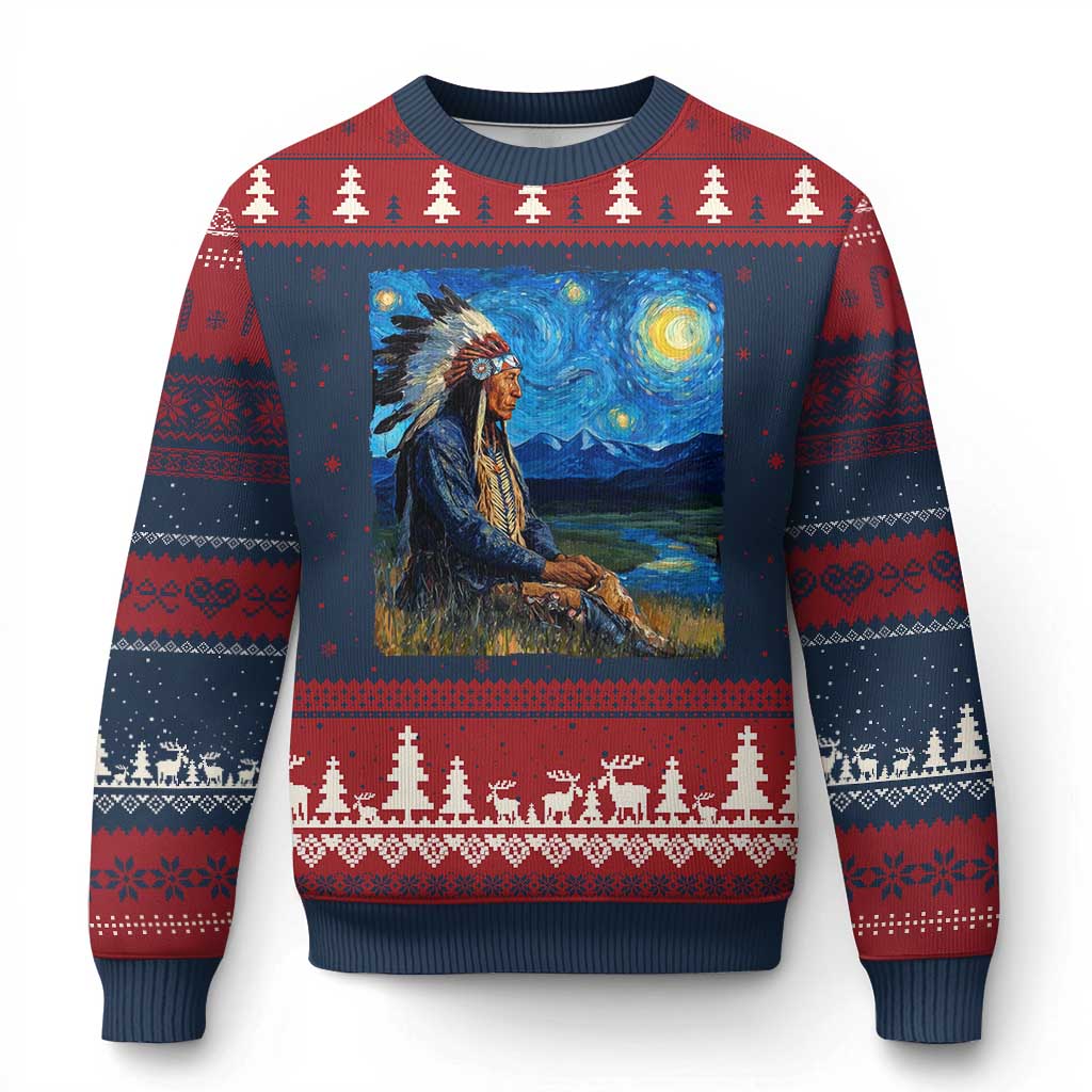 Native American Indian Van Goghs Starry Night Ugly Christmas Sweater TS11 Navy Red Print Your Wear