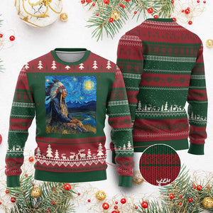Native American Indian Van Goghs Starry Night Ugly Christmas Sweater - Print Your Wear